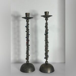 Vintage Solid Brass Beaded Wire Wrapped Candlestick Holders